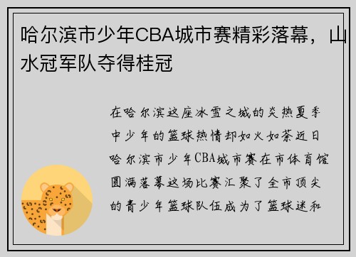 哈尔滨市少年CBA城市赛精彩落幕，山水冠军队夺得桂冠
