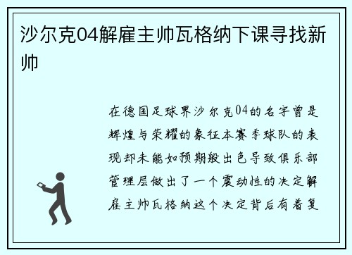 沙尔克04解雇主帅瓦格纳下课寻找新帅